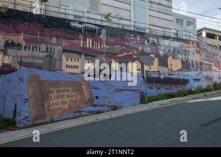 Murale du grand incendie de 1892 sur McBrides Hill dans le centre-ville de John's, Terre-Neuve-et-Labrador, Canada Banque D'Images