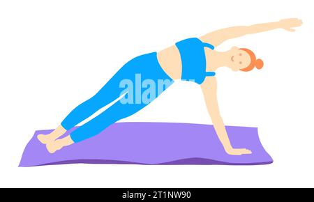 Entraînement en yoga pose de cheveux rad fille européenne en bleu tracksuit sur un tapis violet. Pilates, sport, santé. Femme, femme, femme. Illustration vectorielle dans Illustration de Vecteur