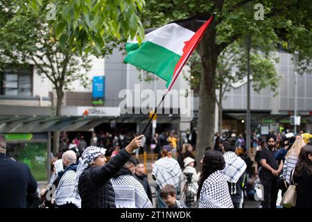 Melbourne, Australie, 15 octobre 2023. Une femme est vue avec un drapeau palestinien lors du rassemblement pro Palestine à la Bibliothèque d'État de la Bibliothèque d'État le 15 octobre 2023 à Melbourne, en Australie. Crédit : Dave Hewison/Speed Media/Alamy Live News Banque D'Images