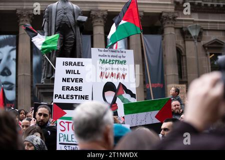 Melbourne, Australie, 15 octobre 2023. Des drapeaux palestiniens et des banderoles anti-Israël sont vus lors du rassemblement pro Palestine à la Bibliothèque d'État à la Bibliothèque d'État le 15 octobre 2023 à Melbourne, en Australie. Crédit : Dave Hewison/Speed Media/Alamy Live News Banque D'Images