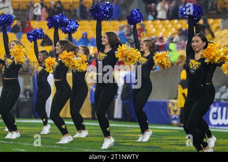 Pittsburgh, Pennsylvanie, États-Unis. 14 octobre 2023. Pitt Panthers encourage les joueurs lors du match d'avant-match entre les Pitt Panthers et les Cardinals de Louisville au stade Arisure de Pittsburgh, Pennsylvanie. Brent Gudenschwager/CSM/Alamy Live News Banque D'Images