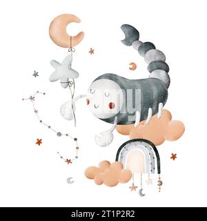 Composition mignonne pour enfants aquarelle avec le signe du zodiaque Scorpion, arc-en-ciel, nuage, étoiles, lune et constellation. Pour impression, emballage, cartes postales Banque D'Images