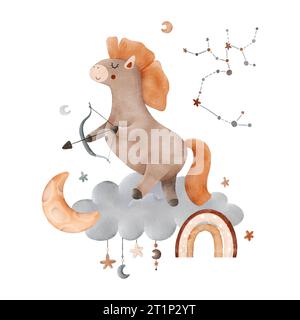 Composition mignonne pour enfants aquarelle avec le signe du zodiaque Sagittaire, arc-en-ciel, nuage, étoiles, lune et constellation. Pour impression, emballage, postc Banque D'Images