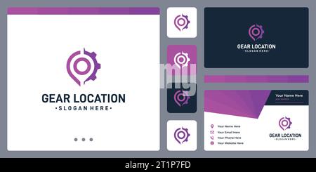Modèle de conception de logo Gear avec illustration vectorielle graphique de conception de logo d'emplacement de point d'épingle. Symbole, icône, créatif. Illustration de Vecteur