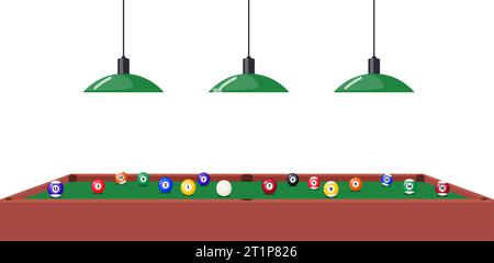 Table de billard et ensemble de meubles avec CUE multicolore illustration du vecteur de la lampe balls Illustration de Vecteur