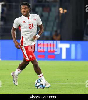 Bari, Pouilles, Italie. 14 octobre 2023. Bari 14/10/2023, pendant le match de football valable pour les qualifications européennes de l'UEFA, entre les équipes nationales d'Italie et de Malte au stade San Nicola à Bari.dans l'image : Paul Mbong (crédit image : © Fabio Sasso/ZUMA Press Wire) USAGE ÉDITORIAL SEULEMENT! Non destiné à UN USAGE commercial ! Banque D'Images