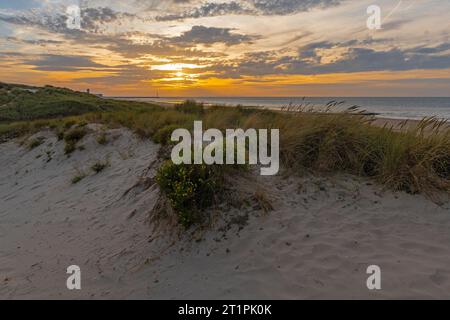 Coucher de soleil dans les dunes de sable avec plage de la mer du Nord de Bredene, Flandre Occidentale, Belgique. Banque D'Images