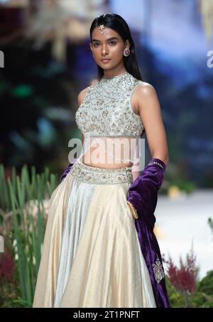 New Delhi, Inde. 14 octobre 2023. Un modèle présente une création du designer indien Anju Modi lors de la Lakme Fashion week x FDCI à New Delhi, Inde, le 14 octobre 2023. Crédit : Javed Dar/Xinhua/Alamy Live News Banque D'Images