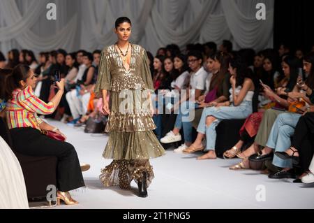 New Delhi, Inde. 14 octobre 2023. Un modèle présente une création du designer indien Sonal Verma lors de la Lakme Fashion week x FDCI à New Delhi, Inde, le 14 octobre 2023. Crédit : Javed Dar/Xinhua/Alamy Live News Banque D'Images