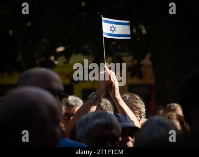 14 octobre 2023, Hesse, Francfort-sur-le-main : un manifestant brandit un drapeau israélien lors d'un rassemblement pro-israélien devant l'église Paulskirche à Francfort-sur-le-main, auquel ont participé environ 1 00 personnes. Photo : Frank Rumpenhorst/dpa/Frank Rumpenhorst/dpa Banque D'Images