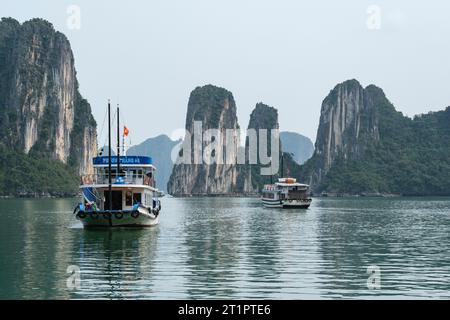 Ha long Bay, Vietnam. Bateaux touristiques parmi les karsts de calcaire dans la baie. Banque D'Images