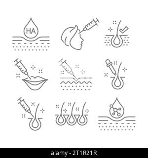 Shot hyaluronique et Botox et thérapie, ensemble d'icônes de soins de la peau. Icônes d'injection de mastic et de traitement contre la chute des cheveux. Illustration de Vecteur