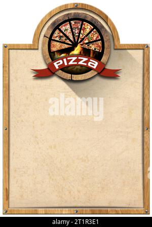 Modèle pour un menu Pizza. Cadre en bois et symbole en bois avec tranches de pizza, flammes et ruban rouge avec texte pizza, parchemin vide, espace de copie. Banque D'Images