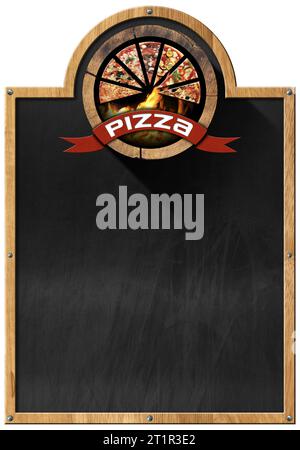 Modèle pour un menu Pizza. Cadre en bois et symbole avec tranches de pizza, flammes et ruban rouge avec texte pizza, tableau noir vide, isolé sur blanc. Banque D'Images