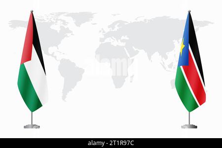 Drapeaux de Palestine et du Soudan du Sud pour réunion officielle sur fond de carte du monde. Illustration de Vecteur