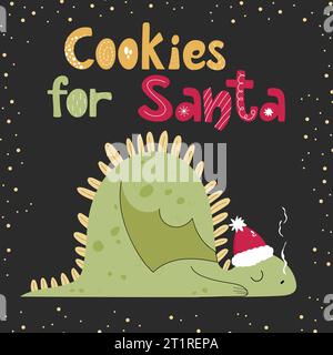 Cookies pour Santa mignon carte de voeux de Noël avec dragon endormi. Illustration de Vecteur