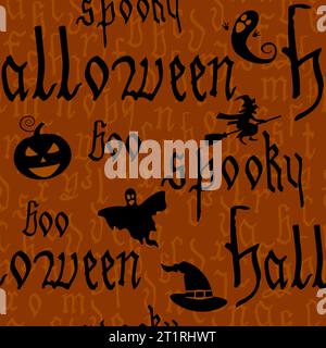 Motif sans couture Happy Halloween avec texte, citrouille, fantôme, sorcellerie. Lettre gothique dessinée à la main, silhouette Illustration de Vecteur