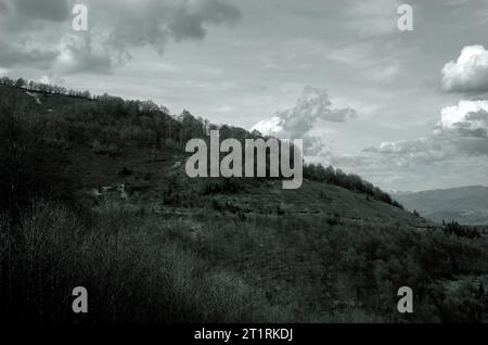 Montagnes et collines avec forêts et pelouses Banque D'Images