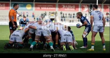 Salford, Lancashire, Royaume-Uni. 15 octobre 2023 ; AJ Bell Stadium, Salford, Lancashire, Angleterre; Gallagher Premiership Rugby, sale Sharks versus Northampton ; Gus Warr of sale Sharks se prépare à alimenter la mêlée crédit : action plus Sports Images/Alamy Live News Banque D'Images