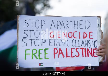 Londres, Royaume-Uni. 14 octobre 2023. Les gens prennent part à une manifestation en faveur de la Palestine. Malgré la ministre de l'intérieur, Suella Braverman, suggérant que agiter des drapeaux palestiniens et utiliser des slogans populaires pro-palestiniens pourrait être illégal en vertu de la loi sur l'ordre public. Photographié par Michael Tubi/Alamy Live News. Banque D'Images