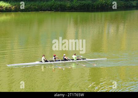 Florence, Italie. 17 septembre 2023. Rameurs sur la rivière Arno à Florence, Italie. Photo de haute qualité Banque D'Images