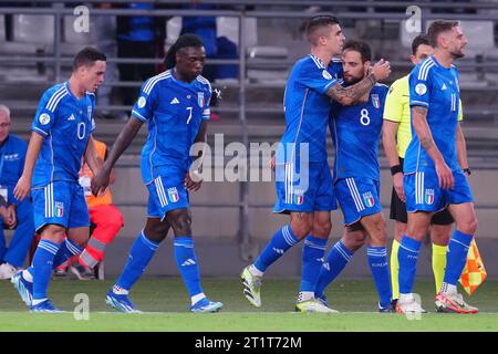 Bari, Italie. 14 octobre 2023. Bari, Italie, 14 octobre 2023 : les joueurs italiens célèbrent lors du match de qualification pour l'Euro 2024 entre l'Italie et Malte au Stadio San Nicola le 14 octobre 2023 à Bari, Italie (Foto Mosca/SPP) crédit : SPP Sport Press photo. /Alamy Live News Banque D'Images