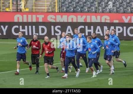 Bruxelles, Belgique. 15 octobre 2023. Joueurs suédois photographiés lors d'une séance d'entraînement de l'équipe nationale suédoise de football, au stade Roi Baudouin (Stade Roi Baudouin - Koning Boudewijn Stadion), dimanche 15 octobre 2023. L'équipe nationale belge de football Red Devils jouera contre la Suède lundi, match 7/8 dans le Groupe F des qualifications Euro 2024. BELGA PHOTO BRUNO FAHY crédit : Belga News Agency/Alamy Live News Banque D'Images