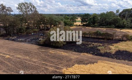 Feu de forêt sur un champ de céréales à Weiterstadt en été, tir drone Banque D'Images