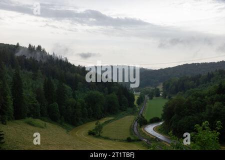 Paysage à Baden Wuerttemberg avec des forêts, des feuillus et des conifères, des champs, du brouillard et des nuages bas sur une journée nuageuse d'été Banque D'Images