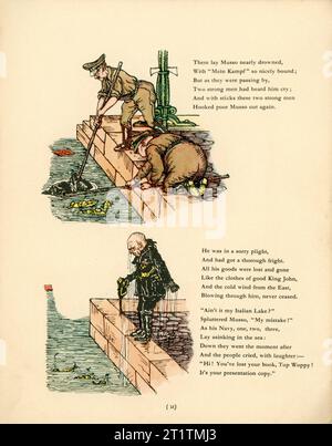 Troisième page de l'histoire de Little Musso Head in the Air avec Adolf Hitler et Benito Mussolini dans STRUWWELHITLER un livre d'histoire nazie par Doktor Schrecklichkeit - Une parodie du Struwwelpeter original par Robert et Philip Spence présenté par eux au Daily Sketch War relief Fund publié en 1941 par Haycock Press Ltd Londres Banque D'Images