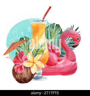 Jeu d'illustrations vacances d'été. Mise en plan aquarelle. objet isolé. Vacances d'été dans un complexe tropical. Dessin pour la conception de souvenirs, poste Banque D'Images