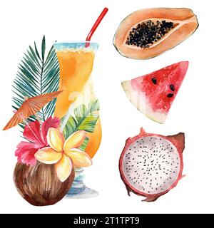 Jeu d'illustrations vacances d'été. Mise en plan aquarelle. objet isolé. Vacances d'été dans un complexe tropical. Dessin pour la conception de souvenirs, poste Banque D'Images