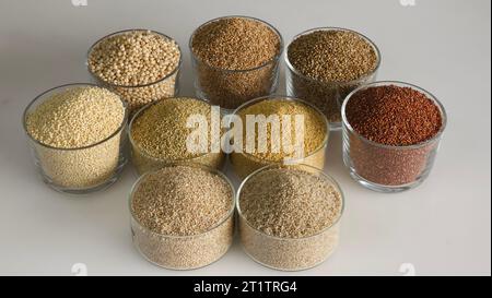 Image unique montrant les neuf millets. Millets dans des bols remplis à bord disposés dans un motif floral. Ils sont Jowar, Bajra, Ragi, Jhangora, Ba Banque D'Images