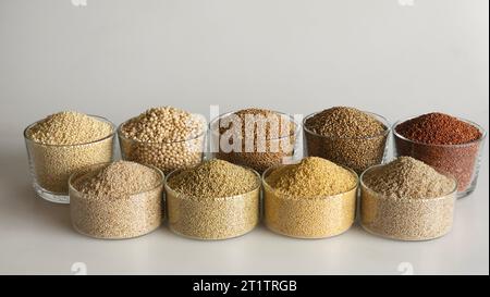 Une seule image montrant les neuf millets. Millets remplis dans des bols à bord disposés en 2 rangées. Ils sont Jowar, Bajra, Ragi, Jhangora, Barri, Kan Banque D'Images