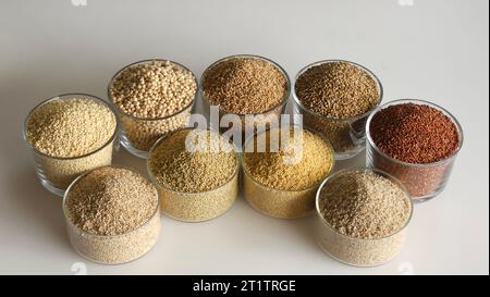 Image unique montrant les neuf millets. Millets dans des bols remplis à ras bord conservés en deux rangées. Ils sont Jowar, Bajra, Ragi, Jhangora, Barri, Kangni, Banque D'Images