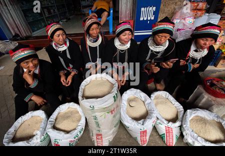 Les femmes de l'ethnie Tay vendent du riz sur le marché de Dong Van, Ha Giang, Vietnam Banque D'Images