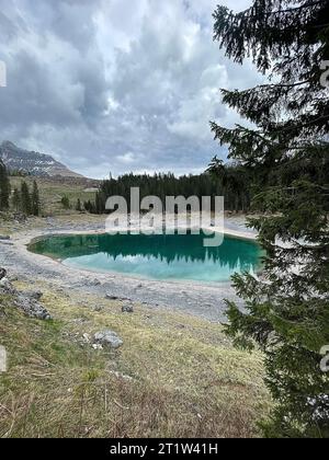 Un paysage serein avec un grand lac vert émeraude niché dans une vallée entourée de sapins imposants Banque D'Images