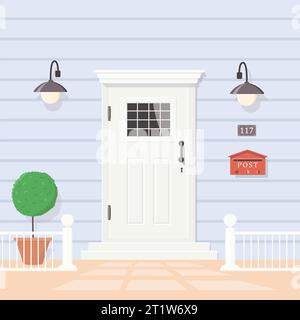 Jolie porte vintage blanche avec fenêtre. Entrée à la maison avec lanternes Illustration de Vecteur