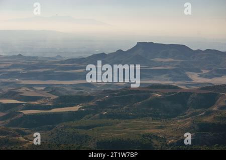 Vue sur le Bardena Negra ou le paysage de désert noir de Bardenas Reales avec végétation, Navarre, Espagne Banque D'Images