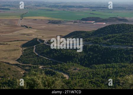 Vue sur le Bardena Negra ou le paysage de désert noir de Bardenas Reales avec végétation, Navarre, Espagne Banque D'Images