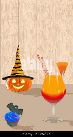 Bannière rectangulaire pour les histoires avec citrouille brillante sculptée avec chapeau, jus de citrouille, cupcake bleu avec chauve-souris sur fond en bois clair. Modèle. Affiche Illustration de Vecteur