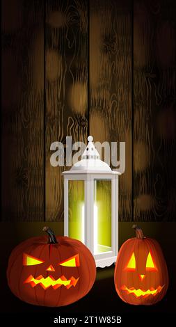 Bannière rectangulaire pour les histoires avec des citrouilles brillantes sculptées et lanterne avec lumière à l'intérieur sur un fond en bois brun avec lueur. Modèle. Affiche. Ha Illustration de Vecteur