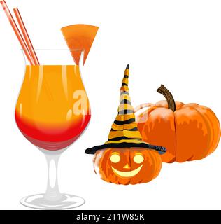 Citrouille sculptée brillante avec chapeau jaune-noir. Boisson à la citrouille avec tranche de citrouille. Set pour bannières, dépliants, affiches, cartes. Halloween. Octobre. Vecteur il Illustration de Vecteur