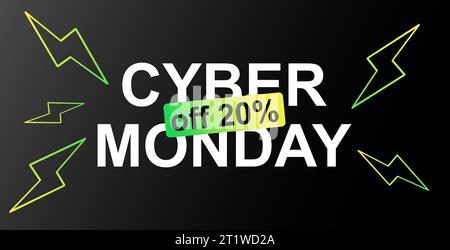 Texte de style autocollant Cyber Monday sale avec des éléments abstraits sur fond de rayon bleu. Affiche publicitaire ou conception de modèle. Banque D'Images