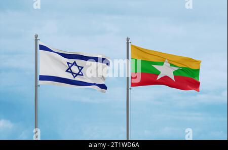 Myanmar aka Birmanie et Israël drapeaux agitant ensemble sur un ciel nuageux bleu, concept de relation entre deux pays Banque D'Images