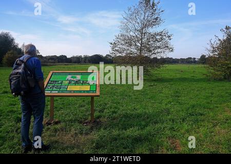 Homme regardant le tableau d'information dans Sanitorium Park, Leckwith, Cardiff South Wales, 2023 Banque D'Images