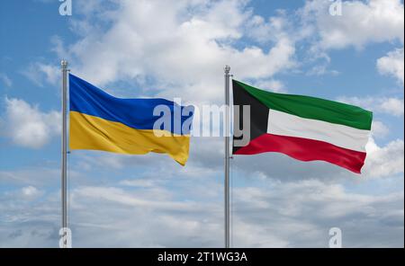 Drapeaux du Koweït et de l'Ukraine agitant ensemble dans le vent sur ciel nuageux bleu, concept de relation entre deux pays Banque D'Images