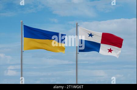Drapeaux du Panama et de l'Ukraine agitant ensemble sur le ciel nuageux bleu, concept de relation entre deux pays Banque D'Images