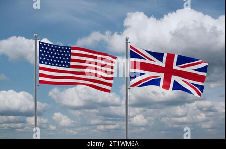 Drapeaux du Royaume-Uni et des États-Unis agitant ensemble dans le vent sur un ciel nuageux bleu, concept de relation entre deux pays Banque D'Images