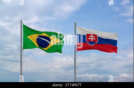 Drapeaux de la République slovaque ou de la Slovaquie et du Brésil agitant ensemble dans le vent sur un ciel nuageux bleu, concept de relation entre deux pays Banque D'Images